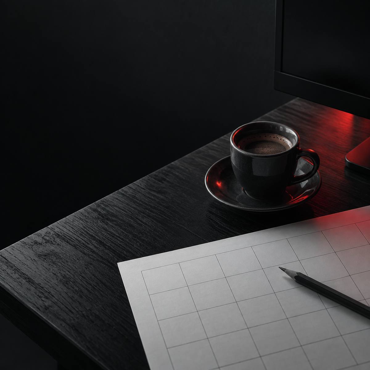 Squared paper, a pencil and a cup of coffee on the desk