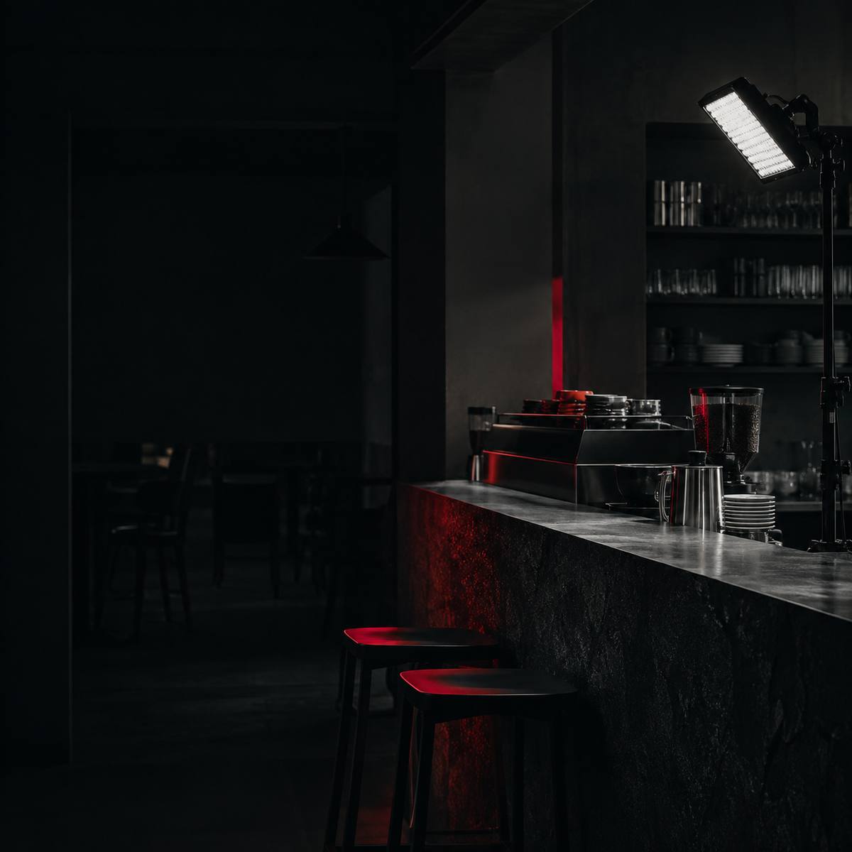 Bar with a filming light set up near the counter