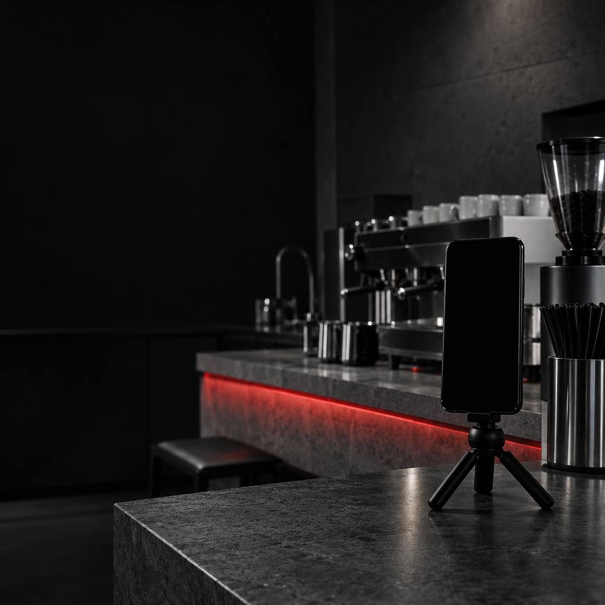 Telefono su un piccolo treppiede sul banco di un bar, pronto per girare